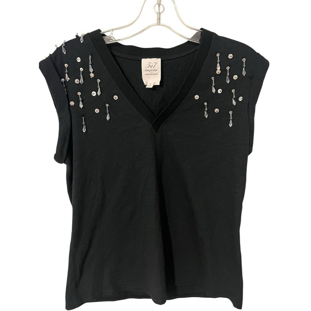 5 à 7 Cinq à Sept Embellished Shoulder V Neck Tee Shirt Black Cotton Top XS